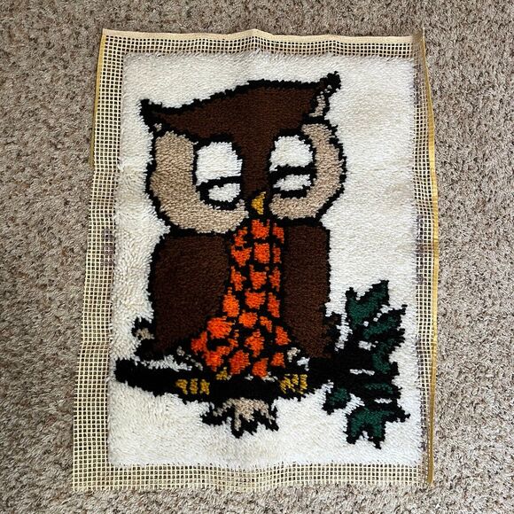 Vintage 70s Sleeping Owl Latch Hook Rug Wall Hanging - Picture 1 of 10